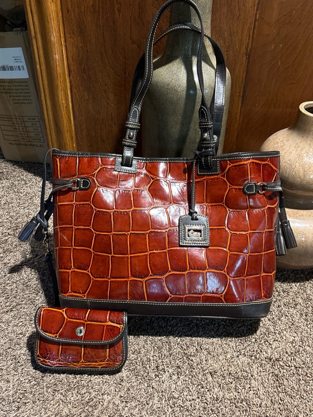 Dooney & Bourke Cognac Croc-Embossed Tassel Tote Bag set